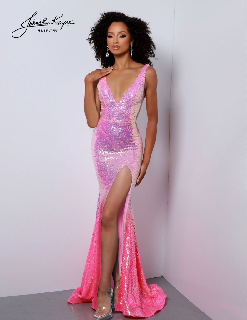 sparkly pink prom dress, pink prom, hottest pink dresses for prom, sparkly prom dress, designer prom dress, johnathan kayne, pink dress with slit